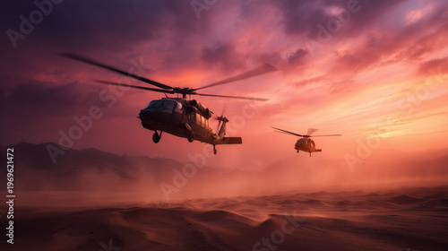 Military helicopters flying over desert landscape at sunset. AI-generated.