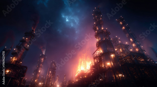 Industrial refinery with flames and smoke at night. AI-generated.