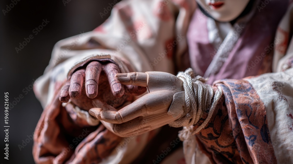 Obraz premium Close-up of traditional japanese puppet art showing detailed hands and kimono. Culture Day