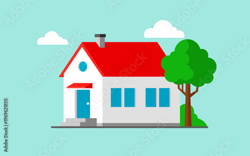 A cozy house with a red roof and a tree beside it on a sunny day outside.