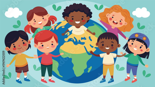 Children gather around the globe in a colorful drawing showing unity and friendship among diverse kids in a cheerful scene