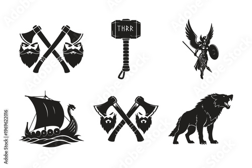 Ancient viking warrior bundle silhouette set with axes and ship icons.