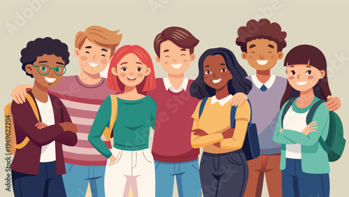 Group of young friends smiling and standing together in a casual setting during daytime in a relaxed environment