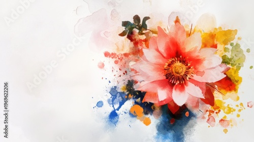 Vibrant watercolor flower with abstract color splashes on white background. Bathukamma Starting Day