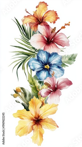 Vibrant tropical flowers and lush greenery arrangement on white background. Lotu a Tamaiti Holiday