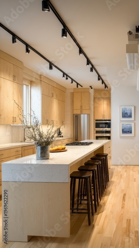 Modern kitchen design with wooden cabinets and island with bar stools