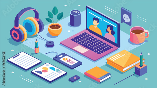 Workspace setup for online learning with laptop, headphone, stationery, and plants in indoor space during daytime