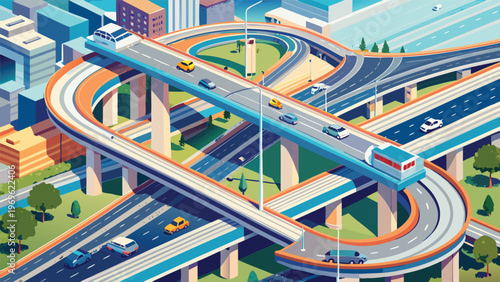 Busy highway interchange with cars and a train in a city landscape during daytime hours