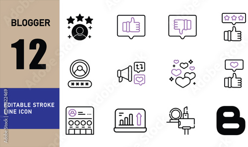 Blogger icon set. Containing influencer, content, creation, vlogger, social media, digital marketing, like, vlogging, blog, personal brand and more. Editable line icons. Vector illustration.