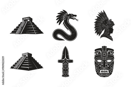 Mayan civilization symbols silhouette set bundle.