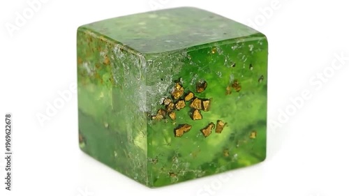 A translucent green gemstone cube with golden inclusions is displayed against a white background