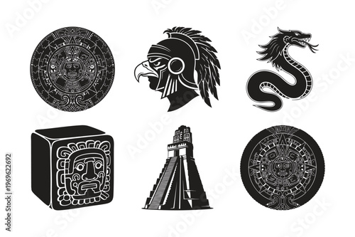 Mayan civilization symbols silhouette set bundle.