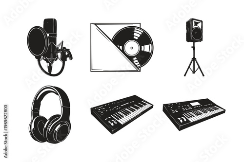 Music production vector silhouette set bundle gear.