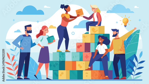 Group of people stacking boxes in a bright and colorful setting with trees and clouds in the background during a day of teamwork and collaboration