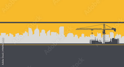 Construction Crane Silhouette Against Cityscape Background.