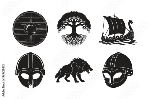 Viking vector bundle silhouette set for nordic mythology illustrations.