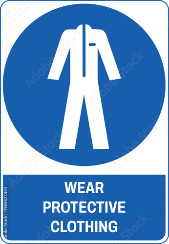 ISO Prohibition Safety Signs Mandatory Wear Protective Clothing Safety Sign with Coverall Suit Icon Blue Circle Symbol