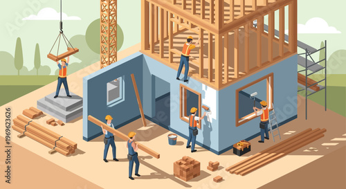 Construction of a house with workers building wooden frame.
