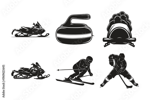 Winter sports silhouette set bundle with skiing hockey and bobsleigh.