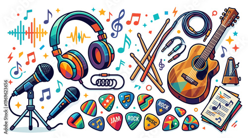 Colorful music accessories and instruments.