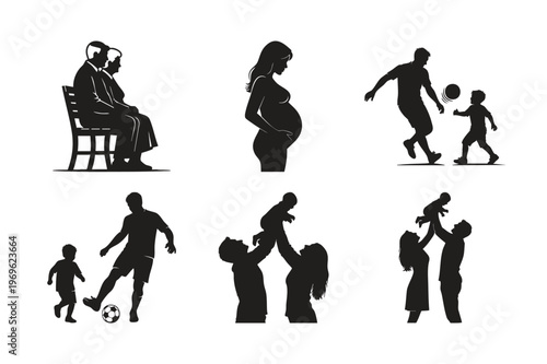 Family activity silhouette set bundle with sports and newborn posing.