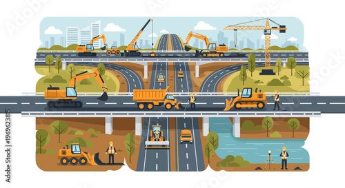 Construction of a multilevel highway interchange with heavy machinery.