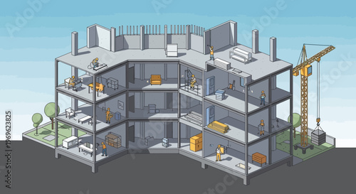 Construction of a Modern MultiStory Building with Crane.