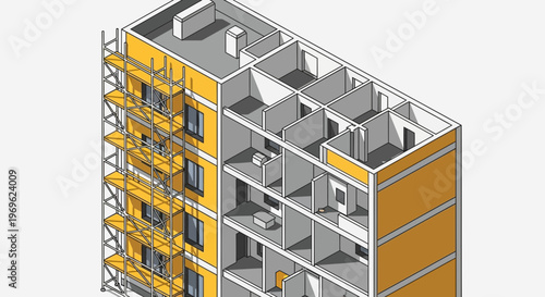 Construction of a multistory residential building with scaffolding.