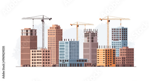 Construction of Modern HighRise Buildings with Cranes.