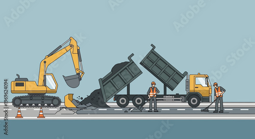 Construction scene with excavator and dump truck working on road.