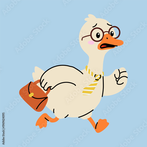 Cute Duck Rushing with Briefcase Business Concept