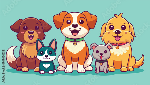 Five cute cartoon dogs sitting together on a light blue background near each other looking cheerful and friendly