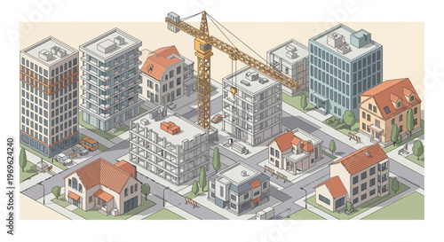 Construction Site with Buildings and Crane.