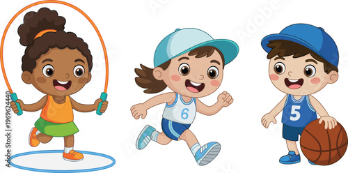 Cute cartoon kids sports activities set with skipping rope running child and basketball boy in colorful playful illustration design