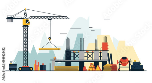 Construction site with crane and building structure.