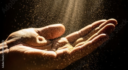 Hand holding a seedling with sunlight.