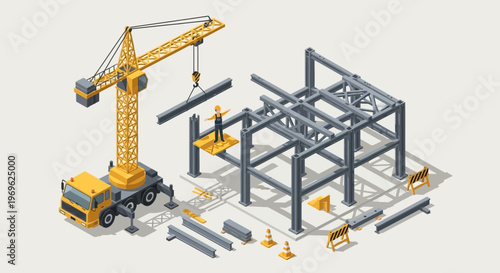 Construction Site with Crane and Steel Frame Assembly.