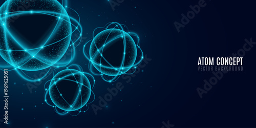 Abstract group of atoms with biological particles featuring blue elliptical glowing rings circling a radiant central core on dark background. Atomic structures for scientific cover. Vector.