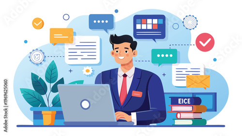 Man sitting at desk working on a laptop with colorful icons and elements around him in an office setting during the day