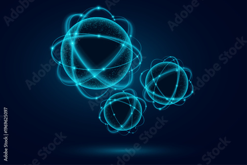 Levitating group of atoms with biological particles featuring blue elliptical glowing rings circling a radiant central core on dark background. Atomic structures for scientific cover. Vector.