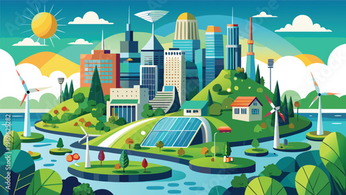 City landscape shows tall buildings, green hills, solar panels, and wind turbines in a clean environment during the day