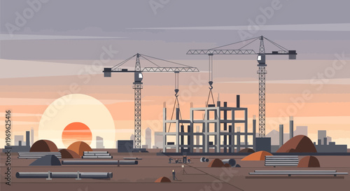 Construction Site With Cranes and Building Framework.
