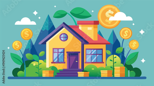 Colorful house with money symbols and plants showing ideas of home ownership and investment in a cartoon style design