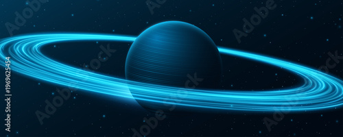 Blue 3D planet Saturn with swirling glowing rings around in deep space. Minimalistic cosmic, vibe. Concept related to astronomy, astrophysics, and abstract universe visuals. Vector illustration.