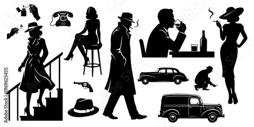 Film noir detective and mystery silhouettes set. Vector collection of private investigator, femme fatale, classic cars, and crime icons isolated