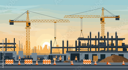 Construction Site with Cranes and Building Structure.