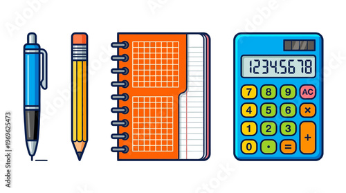 Colorful office supplies and calculator.