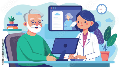 Senior man consults with doctor using video call in home office setting during afternoon