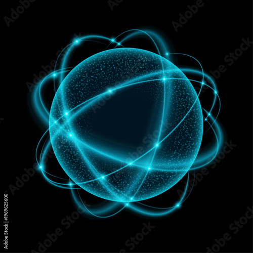 Abstract glowing atom with biological particles featuring blue elliptical rings circling a radiant central core on black background. Atomic structure. Vector illustration.