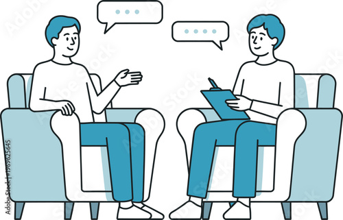 Psychological Counseling and Consultation: Two Men Talking in Therapy Session Illustration